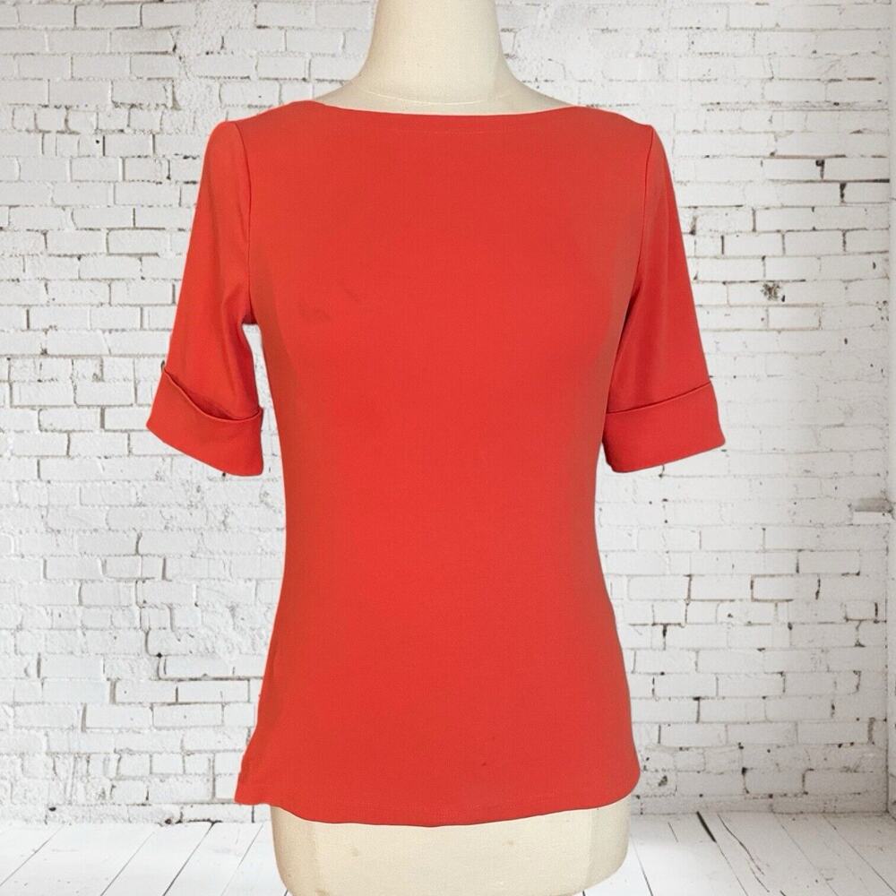 Lauren Ralph Lauren Black Label Top Sz M Boat Neck Cuffed Sleeve Cotton Stretch‎